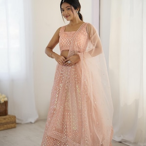 Peach Lehenga Choli: Sequin Embroidered Indian Wedding Outfit