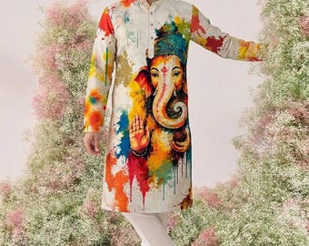 Conjunto de kurta pijama para hombre con estampado de Ganesha en algodón, atuendo tradicional indio para festivales.
