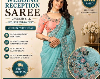 Sari de seda crujiente azul cielo: pieza de blusa bordada / atuendo para recepción de boda india