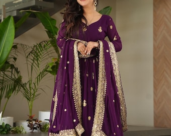 Vestido anarkali de georgette morado, traje de boda indio con bordado de lentejuelas