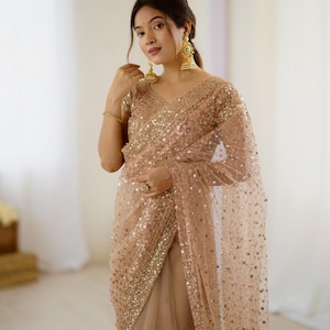 Designer Sequin Saree With Blouse, Party Wear Indian Sari, Wedding & Reception Outfit for Women