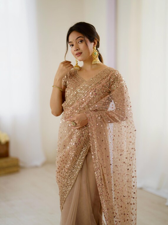 Designer Sequin Saree With Blouse, Party Wear Indian Sari, Wedding & Reception Outfit for Women