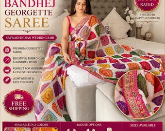 Sari Bandhej Georgette bordado: Sari de boda indio Rajwadi