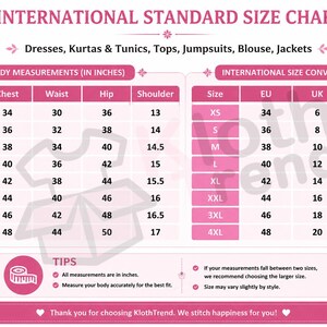 May include: An international standard size chart for clothing by KlothTrend, featuring two tables for body measurements in inches and international size conversions for EU, UK, and US sizes, with tips on measuring and choosing the correct fit.