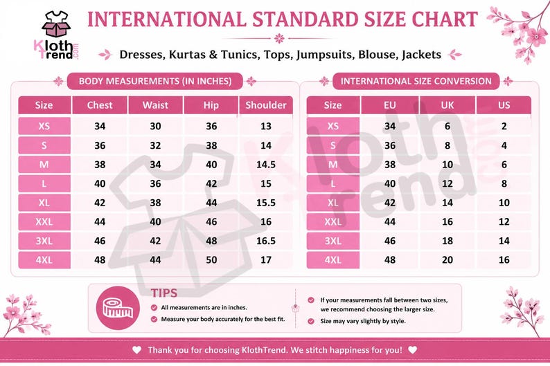 May include: An international standard size chart for clothing by KlothTrend, featuring two tables for body measurements in inches and international size conversions for EU, UK, and US sizes, with tips on measuring and choosing the correct fit.