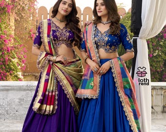 Lehenga Choli bordado en azul real y morado para bodas o compromisos en la India