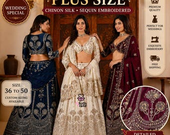 Lehenga Choli de seda chinon de talla grande: conjunto de novia con bordado de lentejuelas