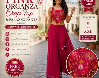 Top corto de organza rosa y pantalones palazzo: estampado con lentejuelas, conjunto indo-occidental de diseñador.