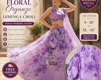 Lehenga Choli de organza floral lavanda: Traje de boda indio con bolso potli y dupatta
