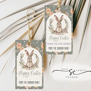Tags modifiables de Pâques, décoration de lapin fantaisiste pour votre panier floral, cadeau de décoration de fête de Pâques imprimable, étiquettes personnalisées de couronne de fleurs de Pâques