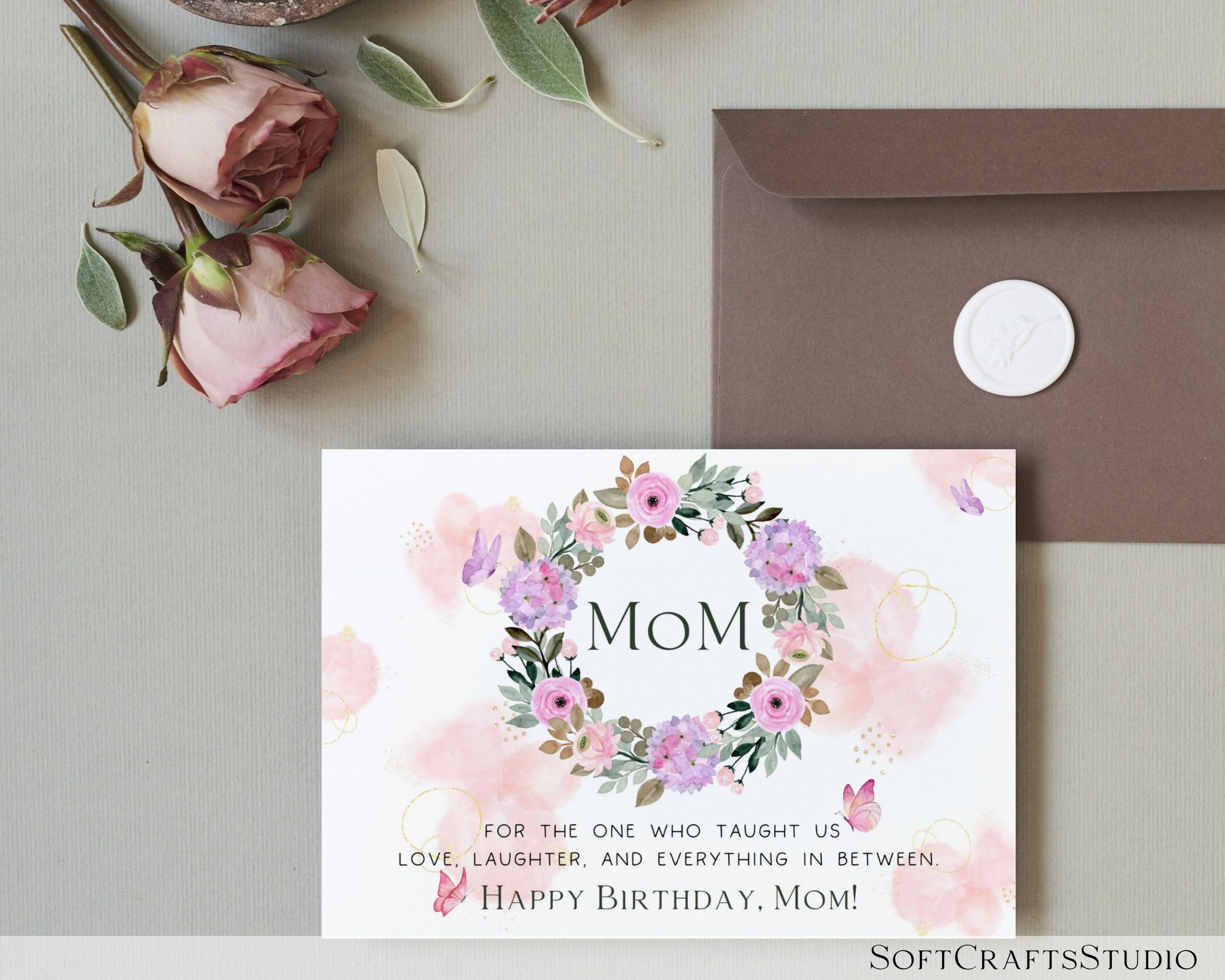 Happy Birthday Mom Card Printable, Pink Floral Wreath Birthday Card for