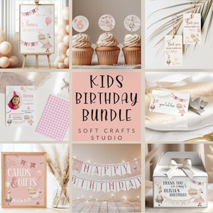 printable kids pink goose theme birthday party bundle, girl birthday party decoration package, custom girl pink birthday party decor pack