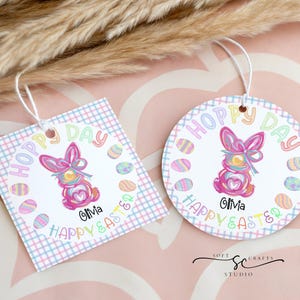 Etiquettes cadeaux personnalisées lapin de Pâques rose pour enfants, étiquettes fantaisistes pour panier lapin de Pâques pour enfants, adorables étiquettes colorées lapin de Pâques