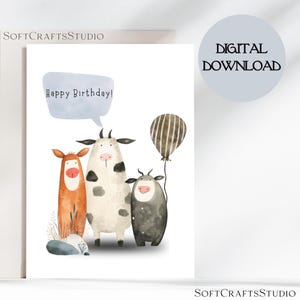 printable cute woodland birthday card for kids,funny farm animal birthday 5x7 greeting card template,cute kid birthday card digital download