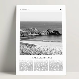 Stampa di Three Cliffs Bay in bianco e nero, poster di Three Cliffs Bay, foto della penisola di Gower, poster turistico di Three Cliffs Bay, idee regalo per Swansea nel Regno Unito