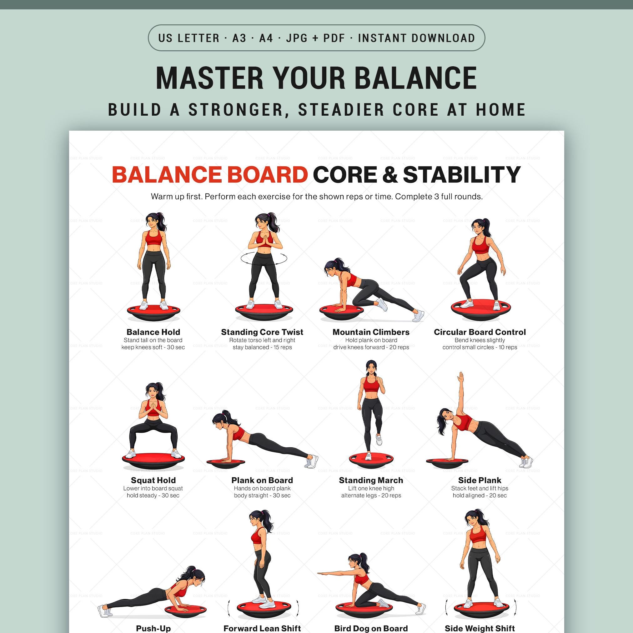 Balance Board Workout Poster Printable Core Stability Training Chart ...