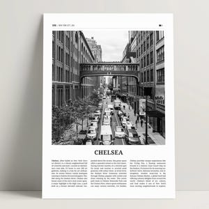 Impresión en blanco y negro de Chelsea, arte mural de Chelsea, póster de Chelsea, fotografía de Manhattan, póster de viaje de Chelsea, ideas para regalos de la ciudad de Nueva York con Skybridge