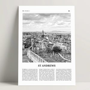 Impression St Andrews noir et blanc, art mural St Andrews, affiche St Andrews, photo vue aérienne, affiche de voyage St Andrews, idées cadeaux en Écosse au Royaume-Uni
