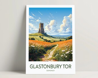 Plakat podróżniczy Glastonbury Tor, wydruk artystyczny Somerset (pobranie cyfrowe)