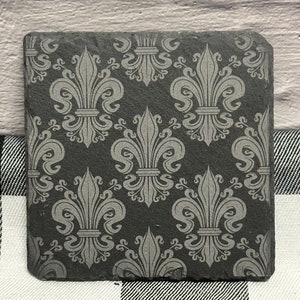 Set of 4 - Slate Coaster Set with intricate flyer de lis design