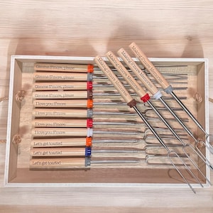 S’mores Sticks for roasting marshmallows and hot dogs, campfire. BBQ. Cooking utensil. Personalized skewer gift. Camping. Family Reunion