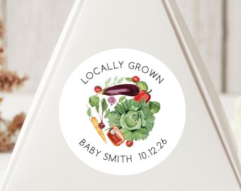 Locally Grown Baby Shower Sticker, Farmers Market Baby Shower Favor, Vegetable Theme Sticker, Custom Baby Shower Decor