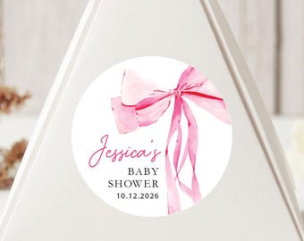 Coquette Baby Shower Sticker, Personalized Baby Shower Favor Label, Pink Bow Baby Shower Decor, Blue Bow Baby Shower Favor Sticker
