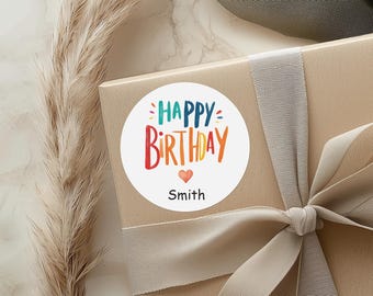 Personalized Happy Birthday Sticker, Custom Birthday Favor Label, White Matte Round Sticker, Birthday Party Sticker