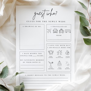 May include: A printable wedding guest game with the title "Guest Who?" and instructions for guests to fill in clues about the newlyweds. The game includes prompts such as "A drawing of me", "I travelled by", "I love you both but I am really here for", "I have known the couple for ___ years", and "My favourite memory of them both is".