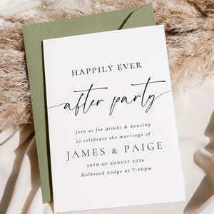 May include: A white invitation card with the text "Happily Ever After Party" in elegant script, resting on a green envelope. The card includes details for the celebration of James & Paige on August 28th, 2036, at Holbrook Lodge.