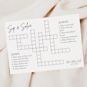 Può includere: Un gioco di cruciverba stampabile con il titolo "Sip & Solve" e il testo "Mr & Mrs Smith 23.10.26". Il cruciverba ha 12 indizi, 6 orizzontali e 6 verticali.
