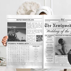 May include: A black and white newspaper-style wedding announcement with the headline "The Newlywed Post" and the text "Wedding of the year!"  The announcement includes a photo of the couple, a wedding party list, and a wedding word search puzzle.  The announcement also includes the text "Includes 2 Free Bonus Items!"