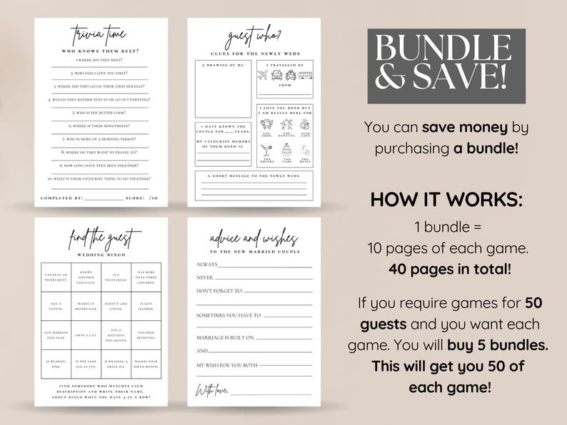 Wedding Table Games, Wedding Games, Reception Games, Bundle, Wedding Bingo | Trivia Quiz | Advice for Newly Weds | Guess Who Bundle of All Games