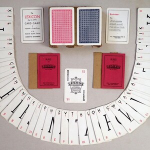 Antiguo juego de cartas antiguo vintage de dos barajas, con palabras en inglés Waddingtons Lexicon, de 1933, en caja de papel original, Hungría, Budapest, década de 1930.