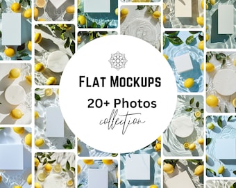 May include: A collage of 20+ photos featuring white blank squares and circles on a blue and white background with lemons and lemon leaves. The text "FLAT MOCKUPS 20+ Photos collection" is in the center of the image.