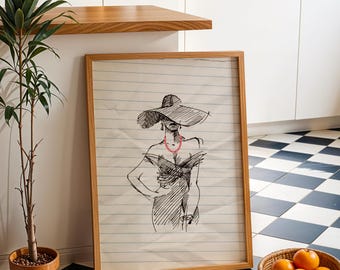 Vrouw met wijnkunstprint: minimalistisch vrouwelijk portret (digitale download)