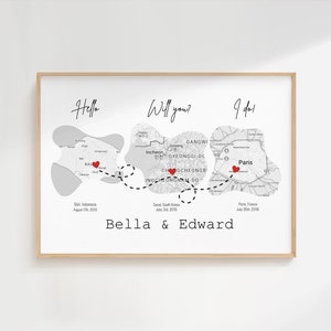 Hallo Will You I Do Art digitaal bestand voor verjaardagscadeaus, cadeau-idee 1e verjaardag, Our Story Map Print, Met Engaged Married cadeau voor haar