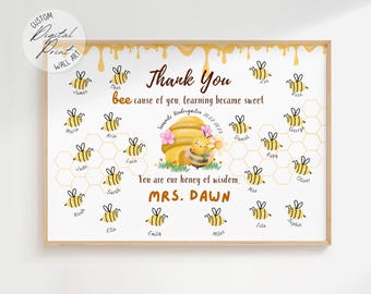 Bijenvingerafdruk bloem leraar waardering cadeau, afdrukbaar cadeau op maat, gepersonaliseerd cadeau voor leraar, eindejaarscadeau school, kinderkunstdruk