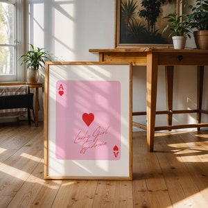 Trendy retro kaart wordt afgedrukt funky afdrukbaar voor jou woondecoratie roze hart kaart Lucky Girls Syndrome kunst aan de muur voor woonkamer roze meisjes decor