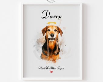 May include: A framed watercolor-style print featuring a dog with a halo, holding a leash. The name "Darcy" is above the dog, with the text "Until We Meet Again" below. The print includes the text "We create, you frame."