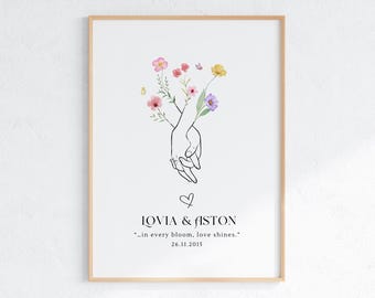 Personalized Anniversary Print: Holding Hands, Flowers Art (Digital Download)