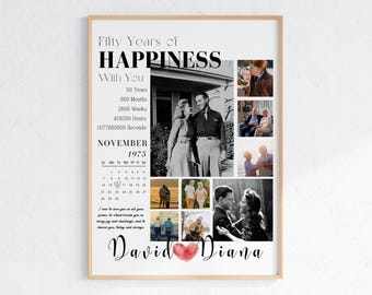 May include: A black and white photo collage celebrating a 50th anniversary. The collage features photos of a couple at different ages, a calendar with the date November 1975 highlighted, and the text "Fifty Years of Happiness With You" and "David Diana".