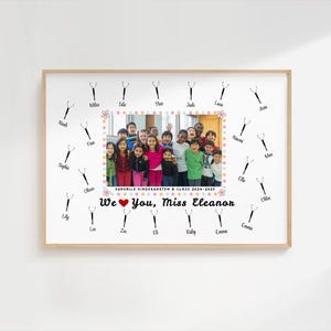 May include: A framed print featuring a group photo of children, surrounded by decorative scissors and names. The text "We love you, Miss Eleanor" is displayed below the photo. The frame is a light wood color.