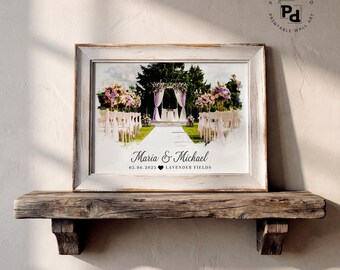 May include: A framed watercolor-style print featuring a wedding ceremony aisle with floral arrangements, a white arch, and chairs. The text reads Maria & Michael, 05.06.2025, and Lavender Fields. The frame is light-colored wood with a rustic texture.