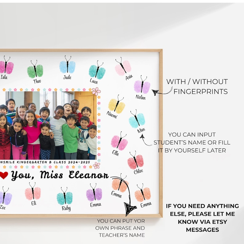 May include: A framed, personalized teacher gift featuring a class photo and butterfly fingerprint designs. The text reads "You, Miss Eleanor" with space for student names. Includes text options: "With/Without Fingerprints" and "You can put your own phrase and teacher's name."
