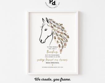 Vingerafdrukaandenken paard leraar cadeau, afdrukbare leraar waardering waardering, aangepaste klasse vingerafdruk poster, eindejaarscadeau