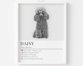 May include: Black and white print of a poodle with a pink bow. The print includes the name "DAISY" and a list of characteristics. The text at the bottom reads "We create, you frame."