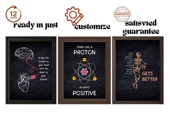 May include: Three framed chalkboard-style prints with inspirational quotes and anatomical illustrations. One features a brain and heart connected by a wire, another an atom model, and the last a skeleton. The frames are dark brown.