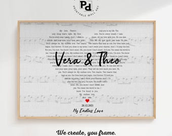 Aangepaste namen en datum bruiloftslied, hartlijst muziekteksten Art Print, songtekst kunst canvas hart, huwelijksverjaardag Valentijnsdag cadeau-idee