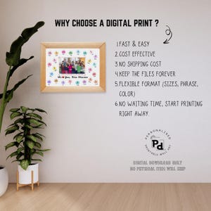 May include: A framed print with a group photo, surrounded by colorful butterfly illustrations. The text reads "Why Choose a Digital Print?" and lists benefits like "Fast & Easy" and "No Shipping Cost."